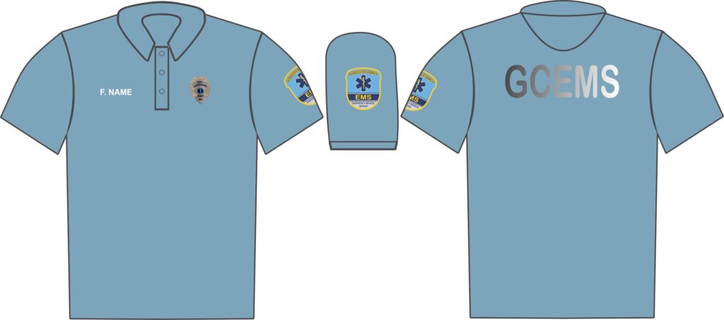 An EMT blue polo shirt with patches and logo